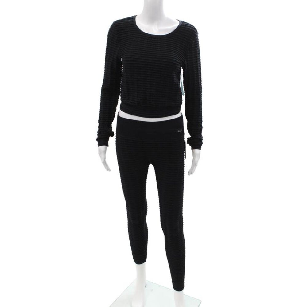 Nux Women Ankle Leggings Black Striped Long Sleeve Round Neck Size S